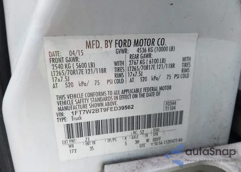 2015 Ford F-250 Xlt z USA, uszkodzony, nr VIN 1FT7W2BT9FED39562